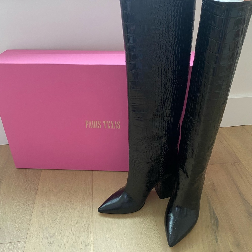 Paris Texas Black Croc-Embossed Knee-High Boots